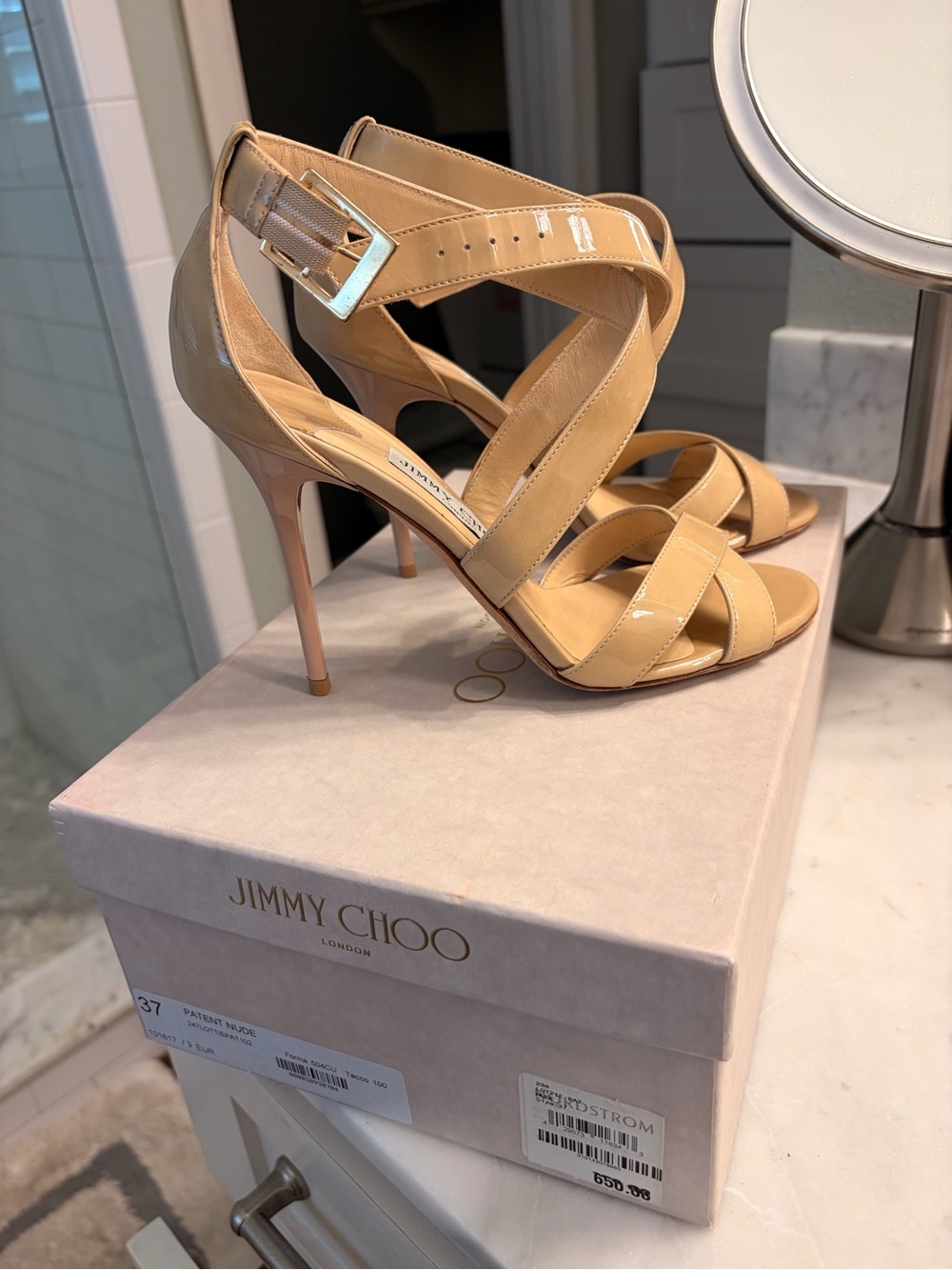 Jimmy Choo Lottie Patent Nude Strappy Stiletto Sandal - Picture 4 of 8